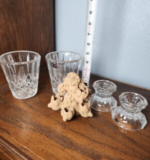 x117- crystal candle holders, clay figure