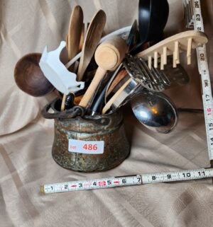 x486- antique copper pot w/ utensils
