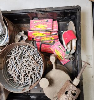 y98- Torch, Nails, misc hardware. Black crate not included - Image 2