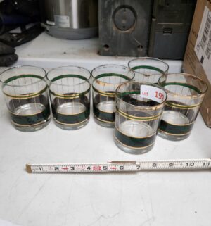 y199- vintage lowball glasses with a green and gold design - Image 1