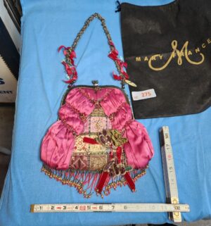 y275- Mary Frances beaded purse with pink satin and red ribbon details. - Image 1