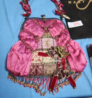 y275- Mary Frances beaded purse with pink satin and red ribbon details. - Image 2