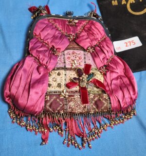 y275- Mary Frances beaded purse with pink satin and red ribbon details. - Image 4