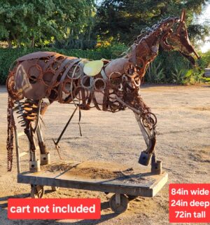 y299- Stunning Metal Sculpture of a Horse. Locally Made in Fresno. FREE Crane DELIVERY to Fresno/Clovis Area. Cart is not included. - Image 1