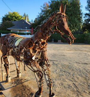 y299- Stunning Metal Sculpture of a Horse. Locally Made in Fresno. FREE Crane DELIVERY to Fresno/Clovis Area. Cart is not included. - Image 2
