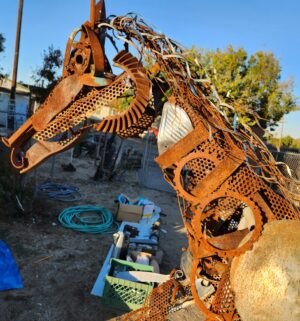 y299- Stunning Metal Sculpture of a Horse. Locally Made in Fresno. FREE Crane DELIVERY to Fresno/Clovis Area. Cart is not included. - Image 4
