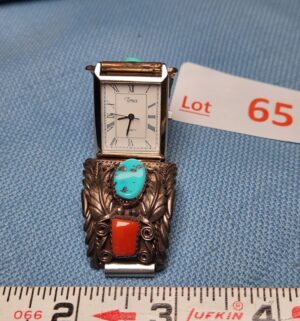 z65- Timex vintage Navajo sterling silver cuff watch with turquoise and coral stones.