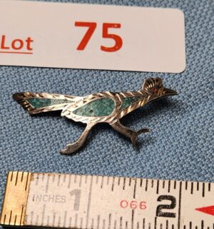 z75- vintage sterling silver roadrunner brooch with turquoise inlay