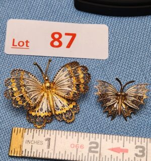 z87- 1940s vintage Italian gold-plated .800 silver filigree butterfly brooch set