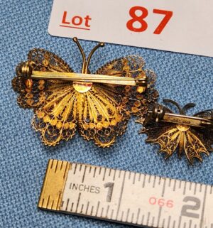 z87- 1940s vintage Italian gold-plated .800 silver filigree butterfly brooch set - Image 4