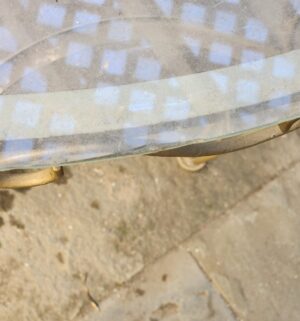 a39- vintage gold-painted wrought iron patio table and chairs set with a glass top - Image 5
