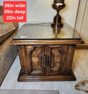 a100- Vintage Square End Table Cabinet with custom glass top