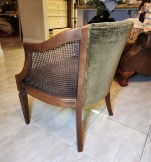 a139- vintage cane barrel back chair with a tufted olive velvet seat - Image 3