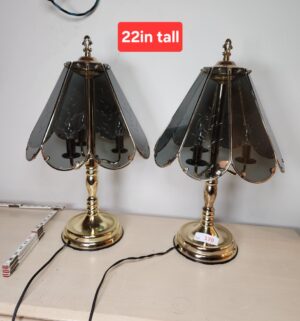 a170- vintage brass-plated touch table lamps with smoked glass panels