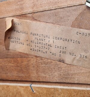 a207- vintage Pulaski Burlwood campaign style chest of drawers. - Image 7