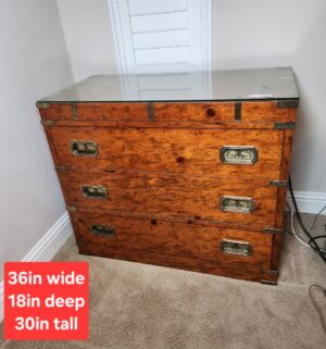 a209- vintage Pulaski Burlwood campaign style chest of drawers.