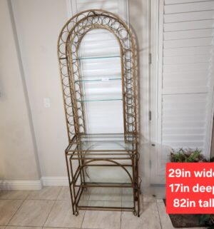 a225- vintage brass and glass arched etagere w/ rolling serving cart