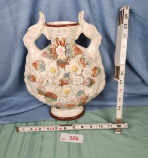 a506- 19th Century ENGLISH Majolica Polychrome Ceramic Vase Serpents Handles