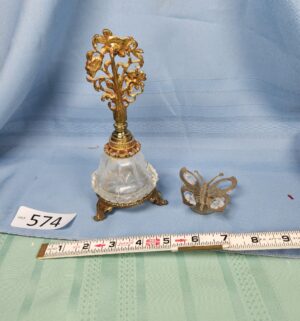 a574- Matson gold ormolu perfume bottle, butterfly paperweight