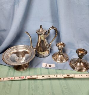 a590- Sterling Silver bowl, teapot, weighted candle stands