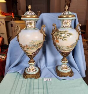 a603- pair of antique French Sevres-style porcelain vases, gilt bronze mounts, hand-painted scenic vignettes