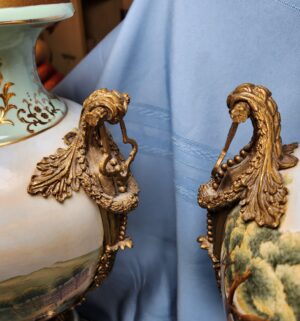 a603- pair of antique French Sevres-style porcelain vases, gilt bronze mounts, hand-painted scenic vignettes - Image 3