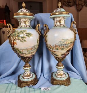 a603- pair of antique French Sevres-style porcelain vases, gilt bronze mounts, hand-painted scenic vignettes - Image 5