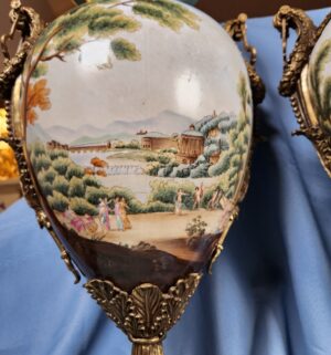 a603- pair of antique French Sevres-style porcelain vases, gilt bronze mounts, hand-painted scenic vignettes - Image 6