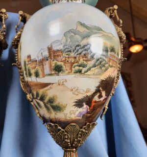 a603- pair of antique French Sevres-style porcelain vases, gilt bronze mounts, hand-painted scenic vignettes - Image 7