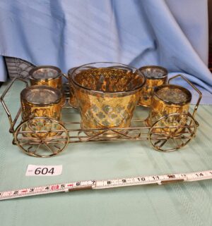 a604- mid-century Culver Valencia 22-karat gold ice bucket and rocks glasses set, brass caddy.