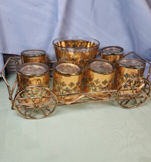 a604- mid-century Culver Valencia 22-karat gold ice bucket and rocks glasses set, brass caddy. - Image 3