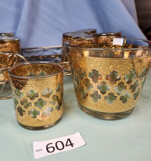 a604- mid-century Culver Valencia 22-karat gold ice bucket and rocks glasses set, brass caddy. - Image 4
