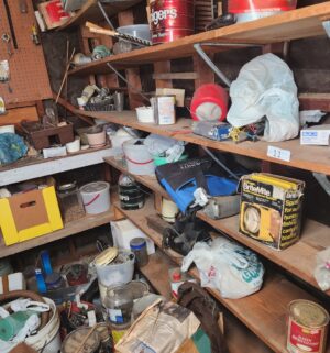 c11- contents of garage shed. Items on shelves & floor. Buyers choice on what to take