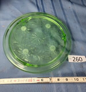 c260- Jeanette Depression Glass Green Sunflower Footed Cake Plate - Image 1