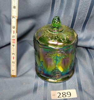 c289- Indiana Glass Harvest Grape Iridescent Green Carnival Glass Canister Jar - Image 1