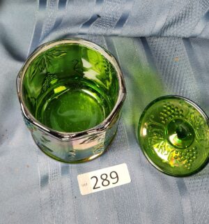 c289- Indiana Glass Harvest Grape Iridescent Green Carnival Glass Canister Jar - Image 2