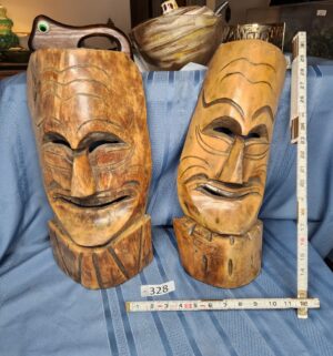 c328- Mid century hand carved teak tribal masks