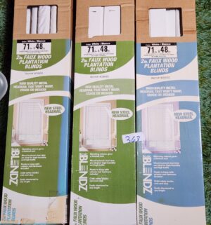 c368- faux wood plantation blinds, 1 box of windown screens - Image 1