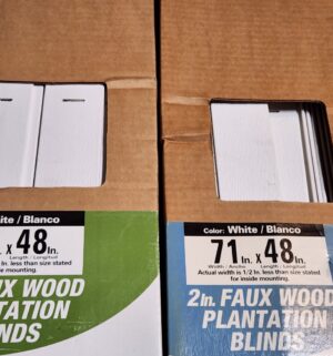 c368- faux wood plantation blinds, 1 box of windown screens - Image 2