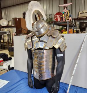 e62- replica Roman Lorica Segmentata armor with a helmet and mannequin - Image 1