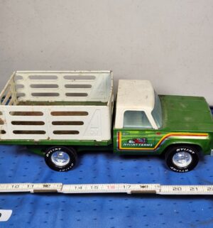e119- 1970s green Nylint Farms pressed steel pickup truck, trailer. - Image 7