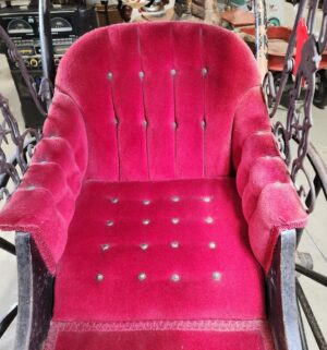 e129- Victorian-era baby carriage, possibly German, featuring a metal frame and red velvet upholstery. - Image 6