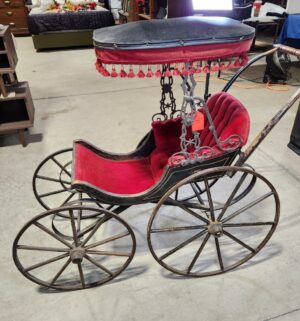 e129- Victorian-era baby carriage, possibly German, featuring a metal frame and red velvet upholstery. - Image 8