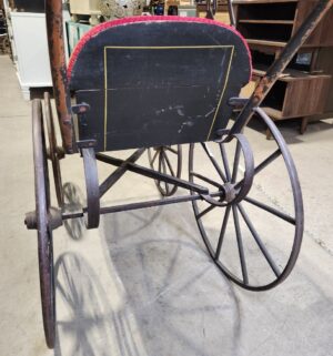 e129- Victorian-era baby carriage, possibly German, featuring a metal frame and red velvet upholstery. - Image 11