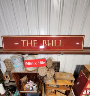 e139- THE BULL Antique Porcelain sign. From Longhorn Saloon Fresno 8ft long - Image 1