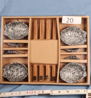 e20- gift box set of Japanese-style ceramic fish-shaped soy sauce bowls and wooden chopsticks.