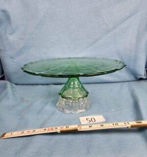 e50- Cambridge Decagon green depression glass pedestal tray