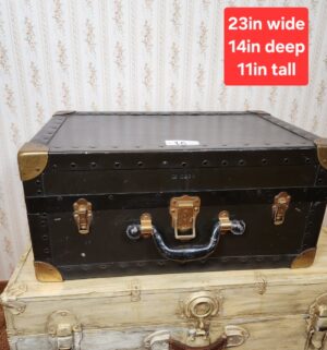 g16- antique Excelsior black steamer trunk with brass hardware