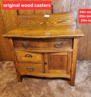 g24- Geo. Hillemann tiger oak washstand cabinet with drawers and original hardware