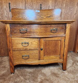 g24- Geo. Hillemann tiger oak washstand cabinet with drawers and original hardware - Image 3